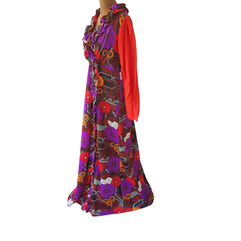 Vintage 70s Psychedelic Floral Ruffle Maxi Dress Red Purple Long Sleeve Boho